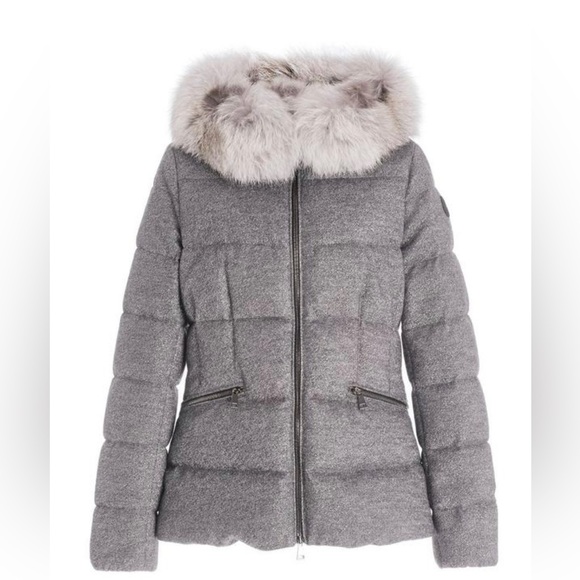 Moncler Grey Cardamine Faux Fur-trimmed Metallic Wool Down Jacket Size Small - Picture 1 of 9